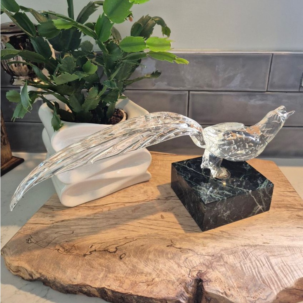 Clear Glass Bird Sculpture on Black Marble Base